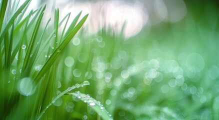 Wall Mural - A field of green grass with raindrops on it