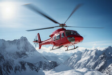 Red Helicopter Coming In For A Landing In The Mountains