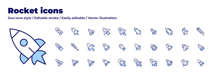 Rocket icons collection. Duo tone style. Editable stroke, spaceship, spacecraft, space shuttle, rocket, atomic bomb, bomb, boost, fireworks, increase.