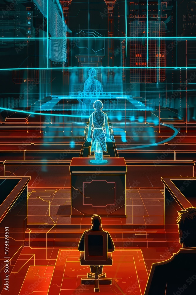 A futuristic digital laboratory filled with holographic displays ...
