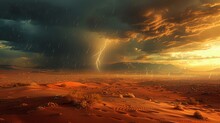 Photorealistic View Of A Sudden Thunderstorm Disrupting The Calm Of A Sandy Desert ,3DCG,clean Sharp Focus
