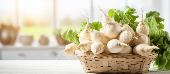 Poster - A variety of fresh vegetables such as tomatoes, carrots, broccoli, and bell peppers arranged in a wicker basket on a wooden table in a close-up shot