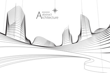 Fototapete - 3D illustration, abstract modern urban landscape line drawing, imaginative architecture building construction perspective design.