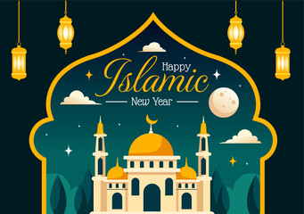 Wall Mural - Happy Muharram Vector Illustration of Celebrating Islamic New Year with Mosque, Moon and Lantern Concept in Flat Kids Cartoon Background