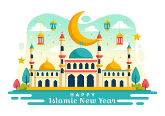 Wall Mural - Happy Muharram Vector Illustration of Celebrating Islamic New Year with Mosque, Moon and Lantern Concept in Flat Kids Cartoon Background