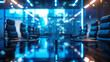 © YM Creative Studio - Business hall for conferences and negotiations in a skyscraper, in blue colors. Large glass table, leather chairs, ultra modern design. Discussion of the investment.