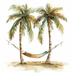 Wall Mural - A painting depicting a hammock hanging between two palm trees in a tropical setting