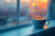 Steaming Cup of Coffee on Minimalist Contemporary Windowsill Framed by Soft Morning Light and Subtle Reflections