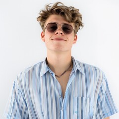 Canvas Print - A young man is pictured wearing sunglasses and a striped shirt