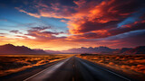Fototapeta Niebo - Evening light, a flat, large asphalt road stunning sky at twilight