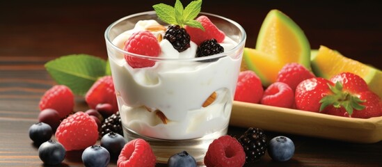 Poster - Glass filled with creamy yogurt topped with an assortment of fresh and colorful berries and fruit on a wooden table