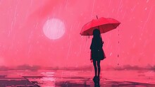 Lonely Girl Standing Under Umbrella: Rainy Pink Sky, Deep Thoughts