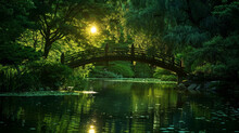 A Picturesque View Of A Serene Moonlit Bridge Surrounded By Lush Greenery And Still Waters Conveys A Sense Of Calm And Tranquility . .