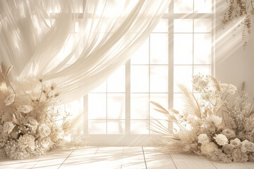 Wall Mural - Boho wedding backdrop with natural light shadows on beige linen cloth texture. 