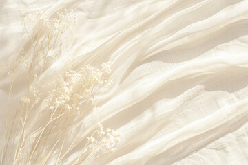  Boho wedding backdrop with natural light shadows on beige linen cloth texture. 