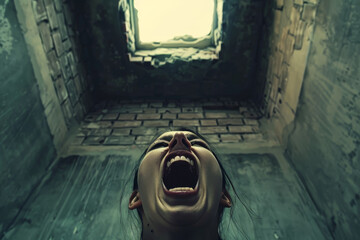 Wall Mural - A woman with her mouth wide open, screaming