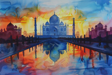 A Painting Of The Taj Mahal With A Blue Sky In The Background