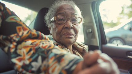 A compassionate caregiver extends a helping hand to a senior lady as she struggles to get out of the car, gently holding her hands and providing support