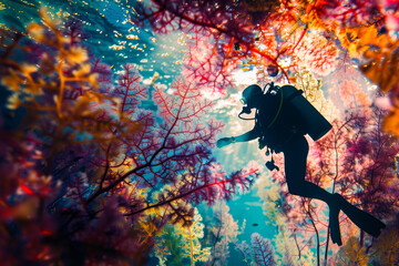 Wall Mural - A man is swimming in a colorful coral reef