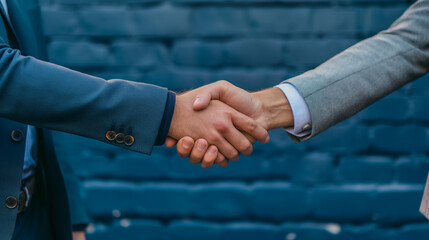 A firm handshake between two businessmen, symbolizing trust and partnership, with a blue background highlighting professionalism