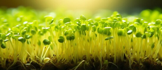 Poster - Fresh green sprouts emerging from the dark soil, tender leaves reaching towards the sunlight in a vibrant display of growth