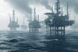 A futuristic depiction of oil and gas platforms towering above the choppy waters of the North Sea,