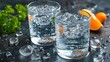   Close-up of two glasses of water with ice and oranges on a table with water droplets on the surface
