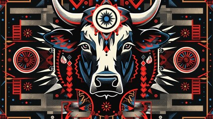 Wall Mural -   Bull's-head painting on a black backdrop with red, white, and blue accents