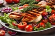 Grilled chicken with tomatoes, red pepper, organic green and olives, red onion, lettuce, and rosemary