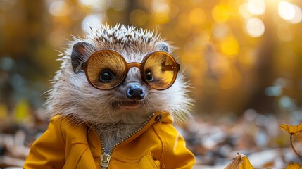   Close-up photo of a small animal in a yellow jacket and goggles amidst trees in the background