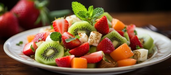 Wall Mural - Assorted fresh fruits like strawberries, kiwi, and grapes are mixed together in a colorful plate of delicious fruit salad