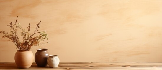 Poster - A wooden table is adorned with a pair of elegant vases containing vibrant flowers in bloom