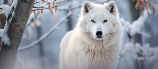 Sticker - The majestic white wolf is standing gracefully in the snowy landscape near a solitary tree