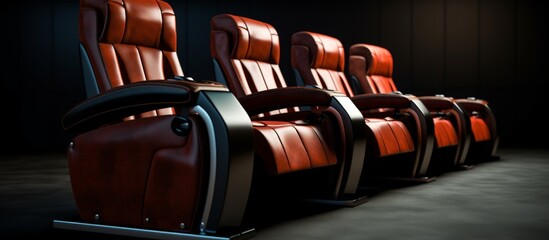 Sticker - Row of elegant crimson leather armchairs arranged neatly in a dimly lit space, creating a sophisticated ambiance