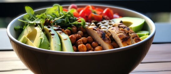 Wall Mural - Avocado, cherry tomatoes, and grilled chicken are mixed together in a bowl, creating a delicious and healthy meal option