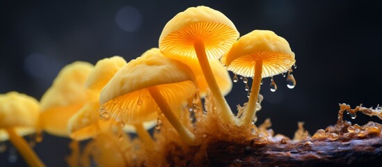 Wall Mural - Yellow mushrooms covered in water droplets are seen growing on a tree branch in a forest setting