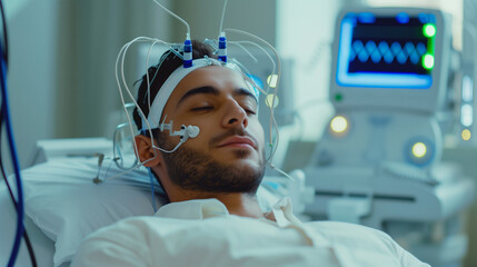 Man Undergoing Advanced Brainwave Monitoring in a Clinical Setting.