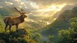 Regal stag overlooking mist-covered glen, iconic Monarch Of The Glen pose, lush greenery and rolling hills, early morning mist swirling, dramatic, AI Generative