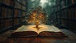 old book opening to a knowledge tree, library background, profound and inspiring, AI Generative