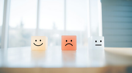 Wall Mural - World mental health day concept, Feedback rating, Positive customer review, Wood cube with emotion face icon on table, Sad and smile feeling