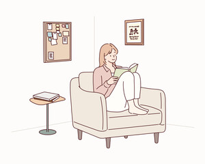 woman reading book while sitting on beige sofa in room. Hand drawn style vector design illustrations.