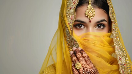 Wall Mural - Stunning Indian lady with henna tattoo and embellished jewelry wearing a traditional yellow sari and veil.