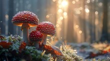 Enchanting Amanita Muscaria Mushrooms Basking In Sunlight On A Frosty Forest Floor
