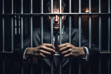 Wall Mural - Businessman and politician corrupt oldman prisoner in orange uniform holds hands on metal bars, looking at camera. Standing, sitting behind prison bars.	
