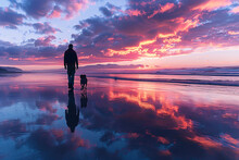 Man And Dog Walking On The Beach At Sunset. Vibrant Sky Reflection On Wet Sand. Friendship And Serenity Concept. Design For Poster, Wallpaper, Banner. Wide Angle View With Copy Space