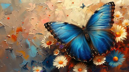 colorful blue tropical morpho butterflies on delicate daisy flowers painted with oil paint