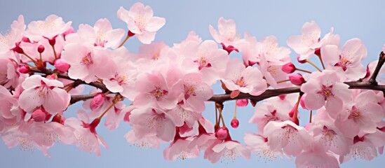 Poster - Close up view of a cherry tree branch covered with beautiful pink blossoms in full bloom