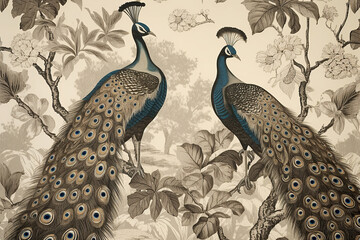 Wall Mural - Boho style wallpaper, Vintage botanical illustration of peacocks among tropical trees