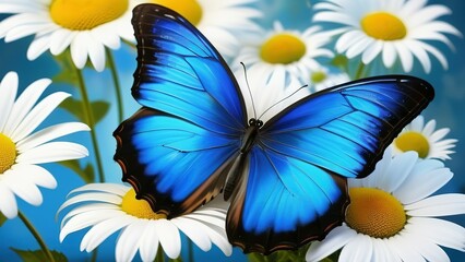 Wall Mural - colorful blue tropical morpho butterflies on delicate daisy flowers painted with oil paint