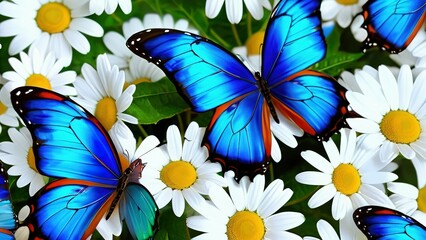 Wall Mural - colorful blue tropical morpho butterflies on delicate daisy flowers painted with oil paint